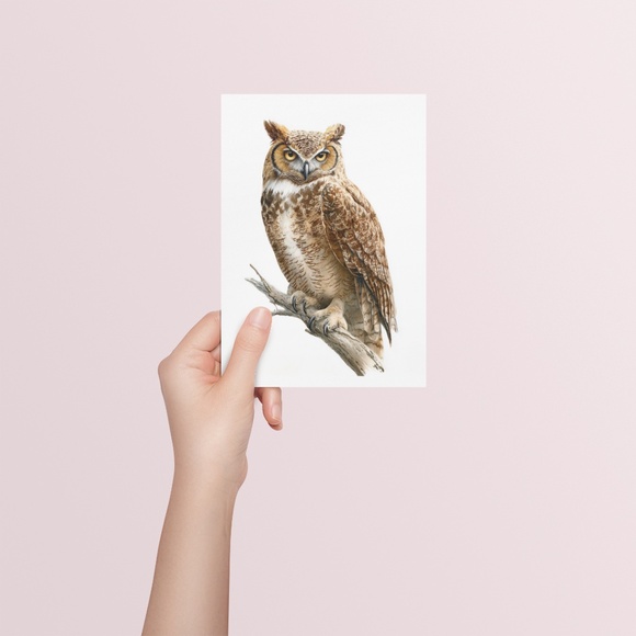 Watercolor Great Horned Owl Portrait Wall Art Print, Unframed - Woodland - Picture 5 of 6